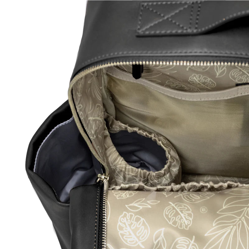 PEEK-A-BOO VEGAN LEATHER DIAPER BAG BACKPACK - BLACK