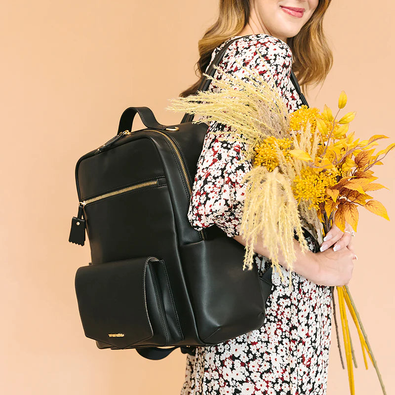 PEEK-A-BOO VEGAN LEATHER DIAPER BAG BACKPACK - BLACK
