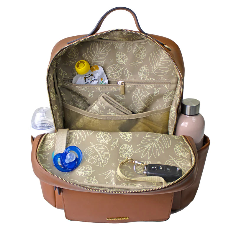PEEK-A-BOO VEGAN LEATHER DIAPER BAG BACKPACK - TOFFEE