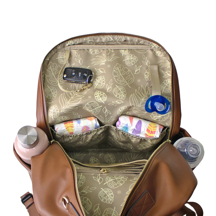 PEEK-A-BOO VEGAN LEATHER DIAPER BAG BACKPACK - TOFFEE