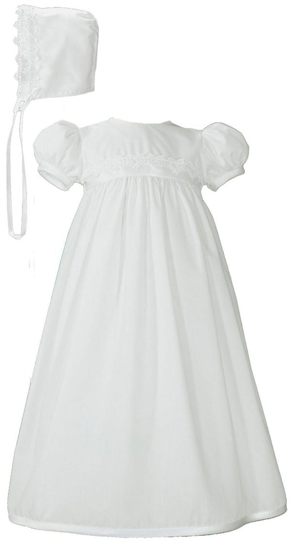 Girls White Polycotton Christening Baptism Gown with Lace Trim & Bonnet
